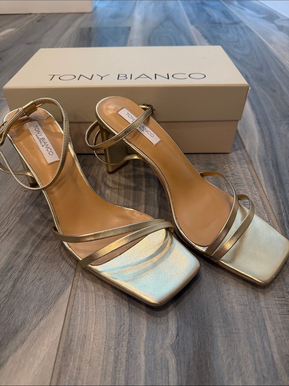 Tony Bianco Metallic Gold Square Toe Strappy Block Heels